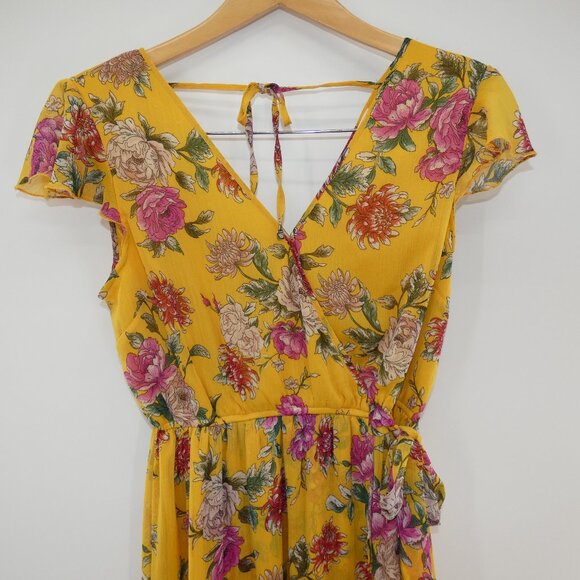 Band of Gypsies Mustard Floral High Low Flutter Sleeve V Neck Midi Dress Sz M - Picture 2 of 7